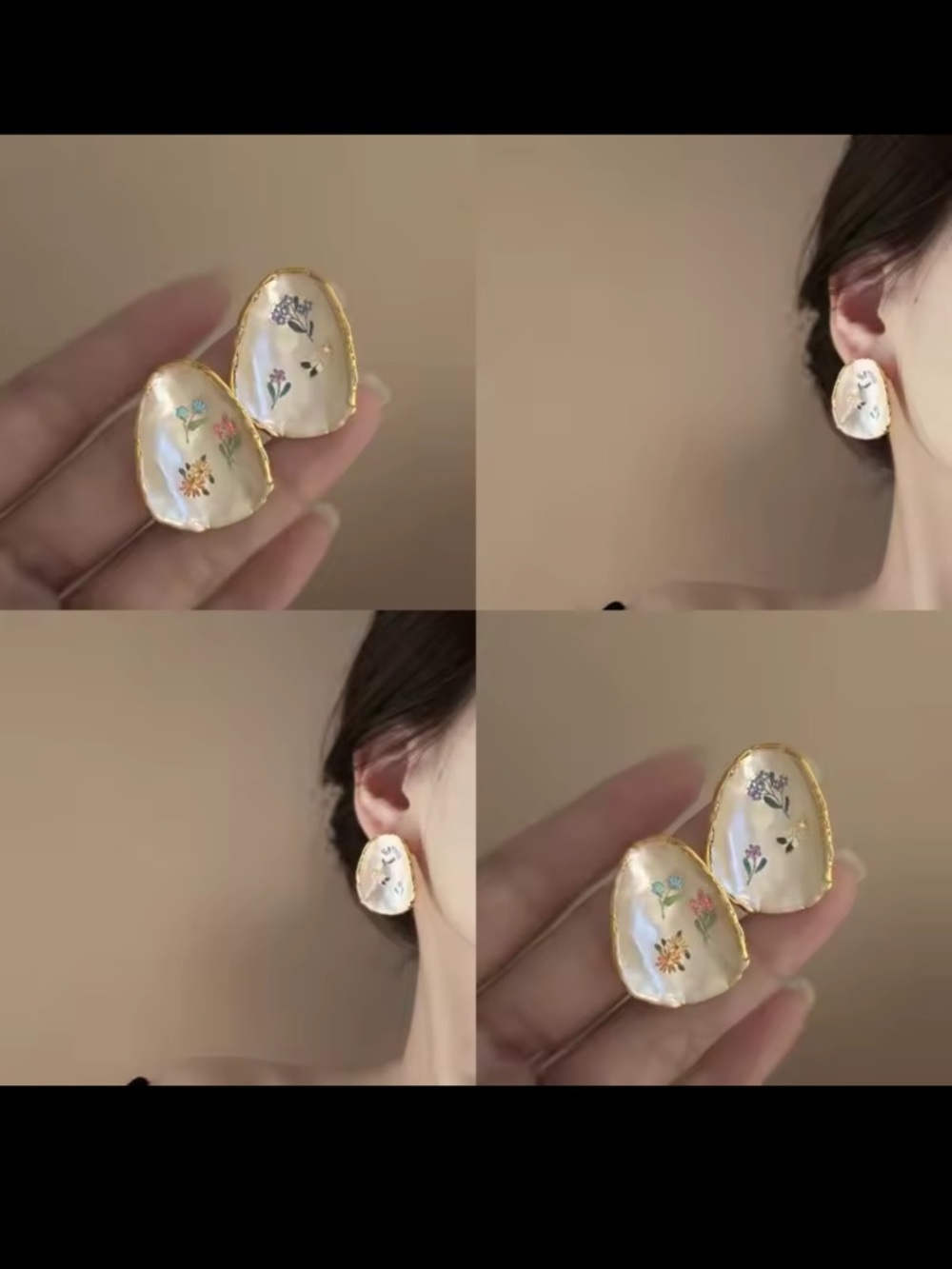 Hand-Painted Floral Mother-of-Pearl Gold Edge Earrings - Picture 10 of 10
